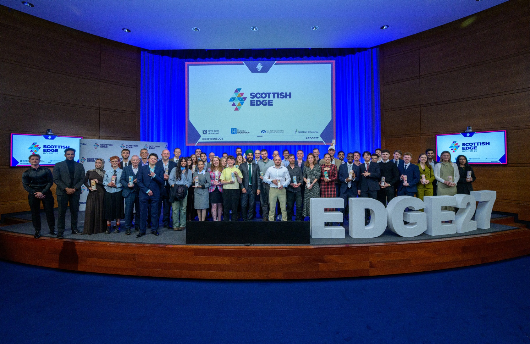 All winners of Scottish EDGE Round 27 gathered on stage with their awards