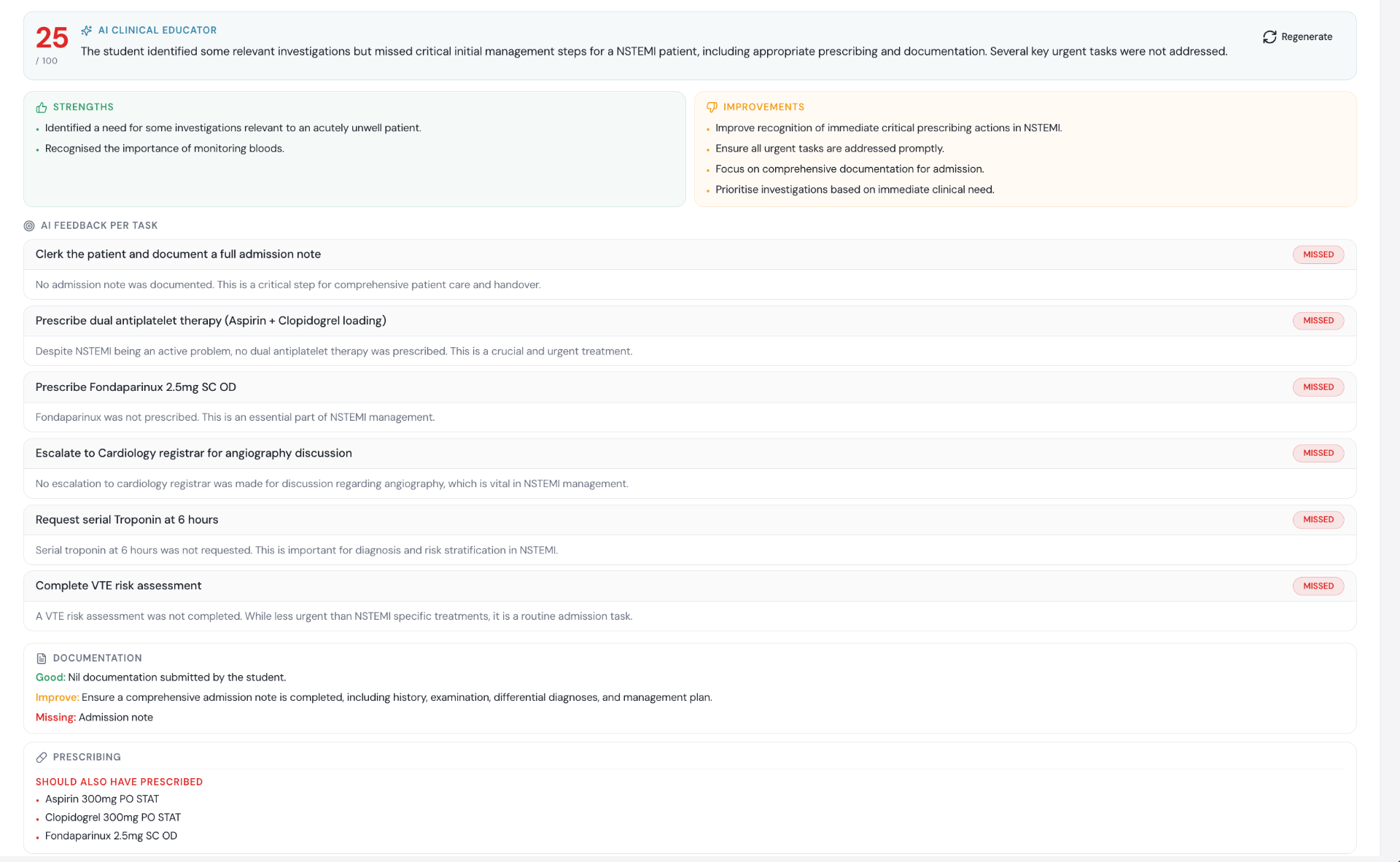 Patient Records AI feedback report with overall score, strengths, improvements, per-task feedback for prescribing and documentation.