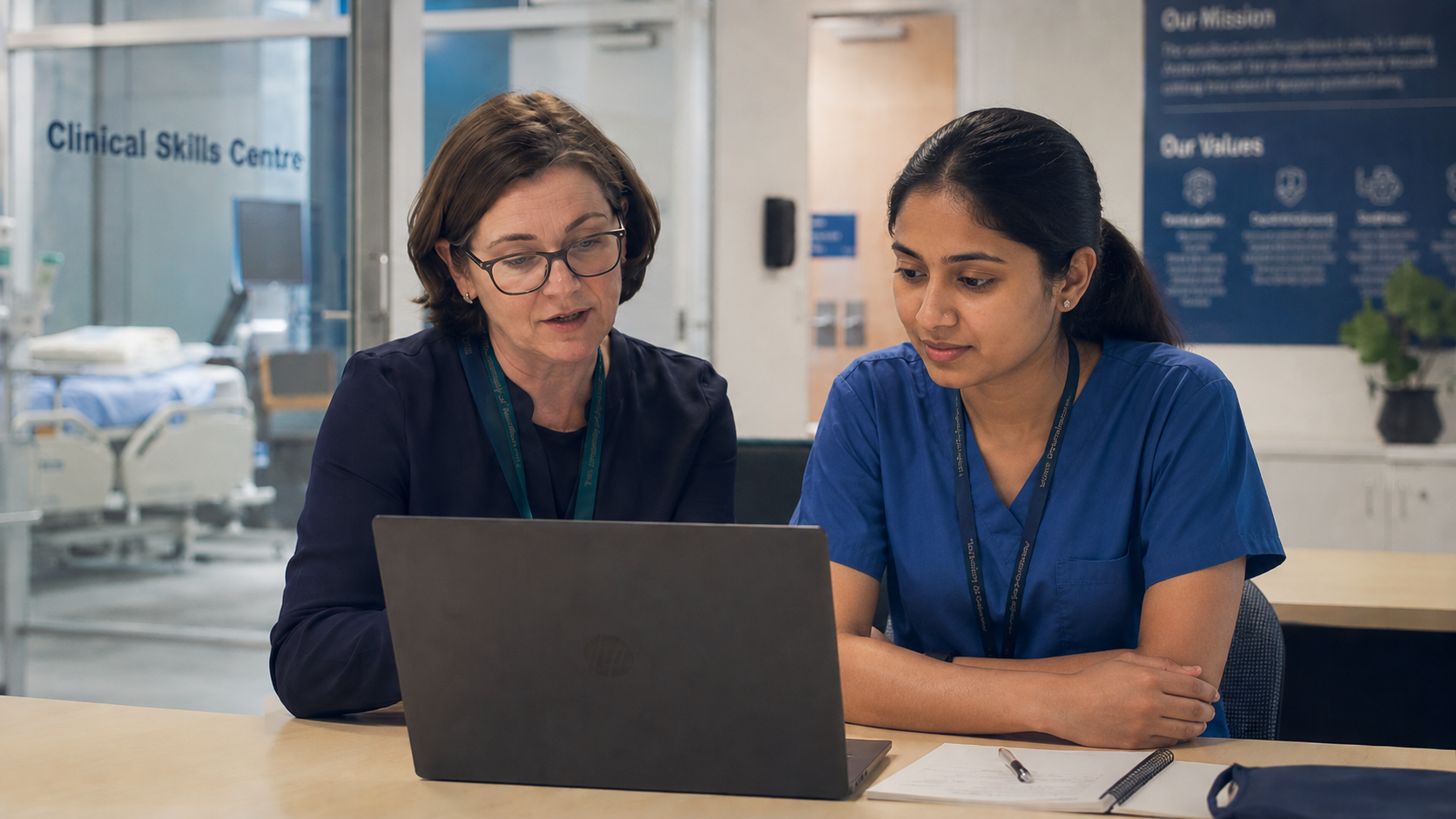 An educator and a nursing student reviewing learner feedback together on a laptop in a Clinical Skills Centre.