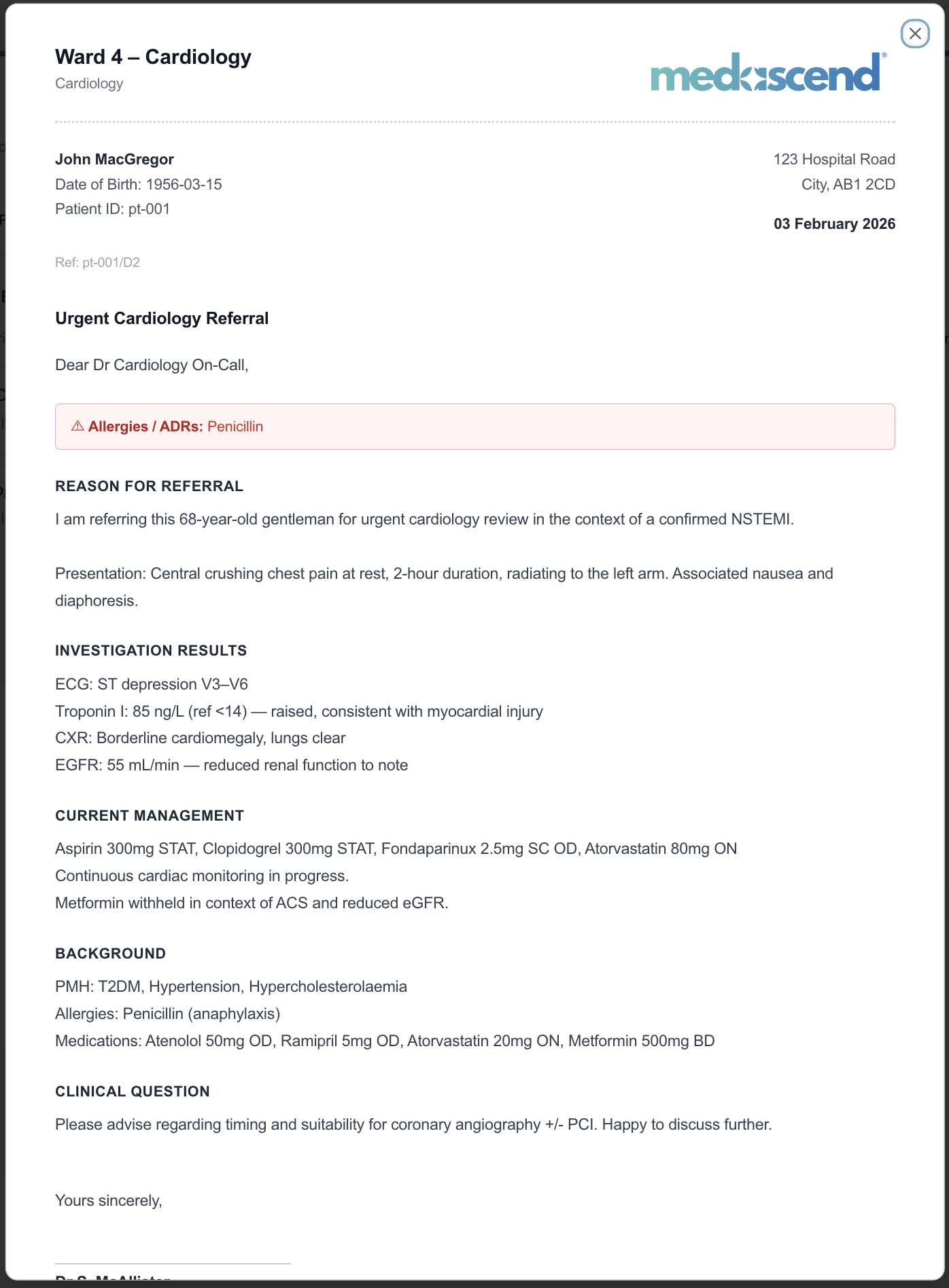 Patient Records generated cardiology referral letter for John MacGregor with reason for referral, investigations, current management and clinical question.