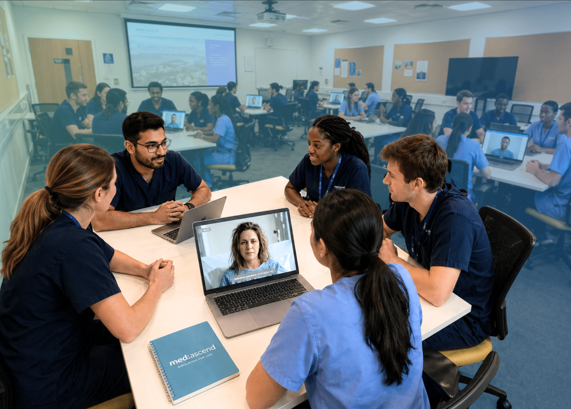 A cohort of healthcare students practising AI patient consultations in a simulation suite