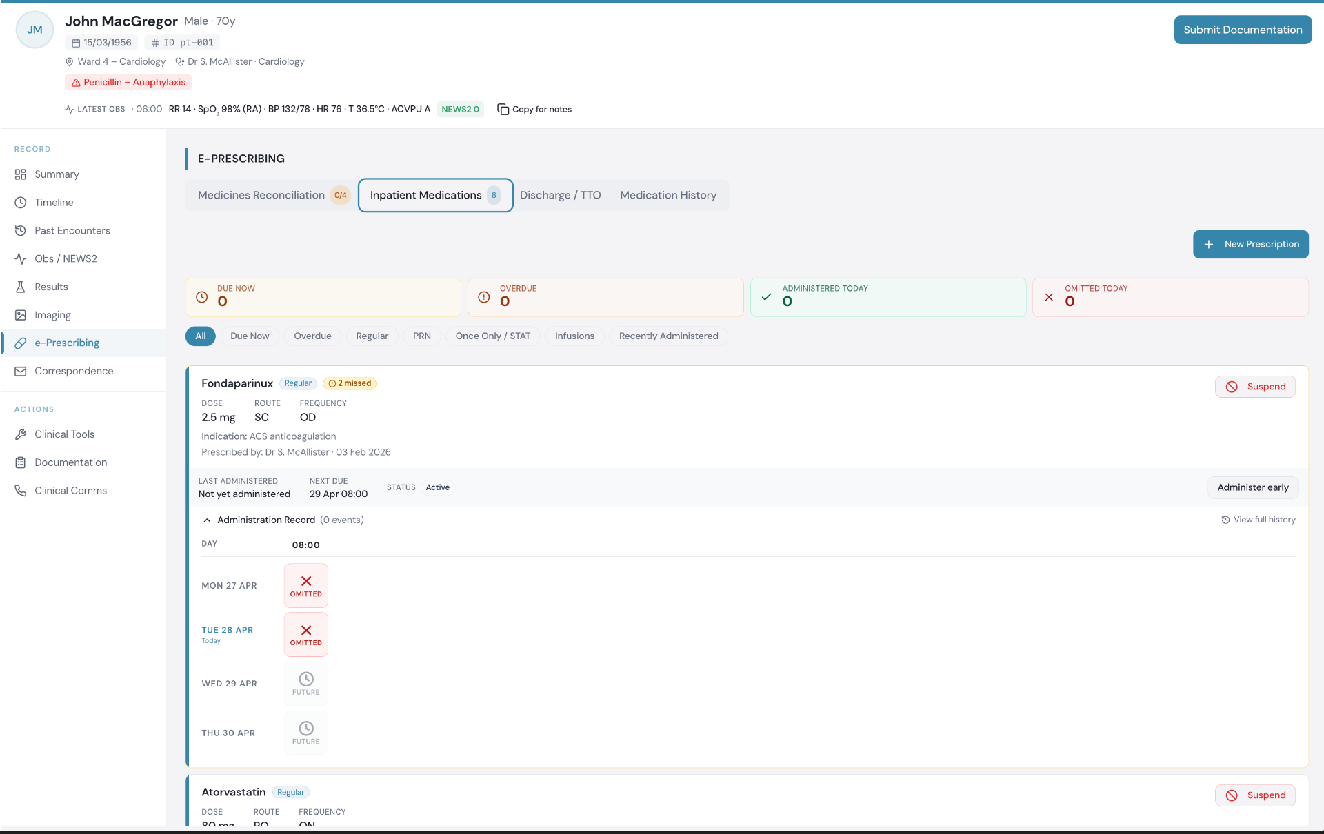 Patient Records e-prescribing inpatient medications view with MAR chart for Fondaparinux.