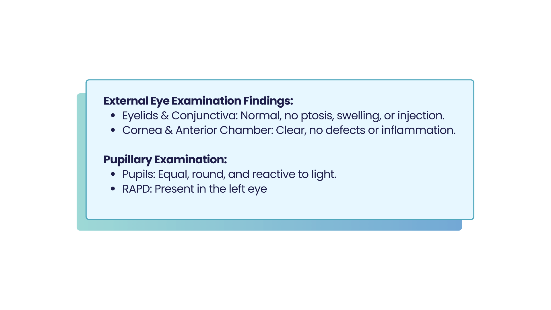 External eye and pupillary examination findings