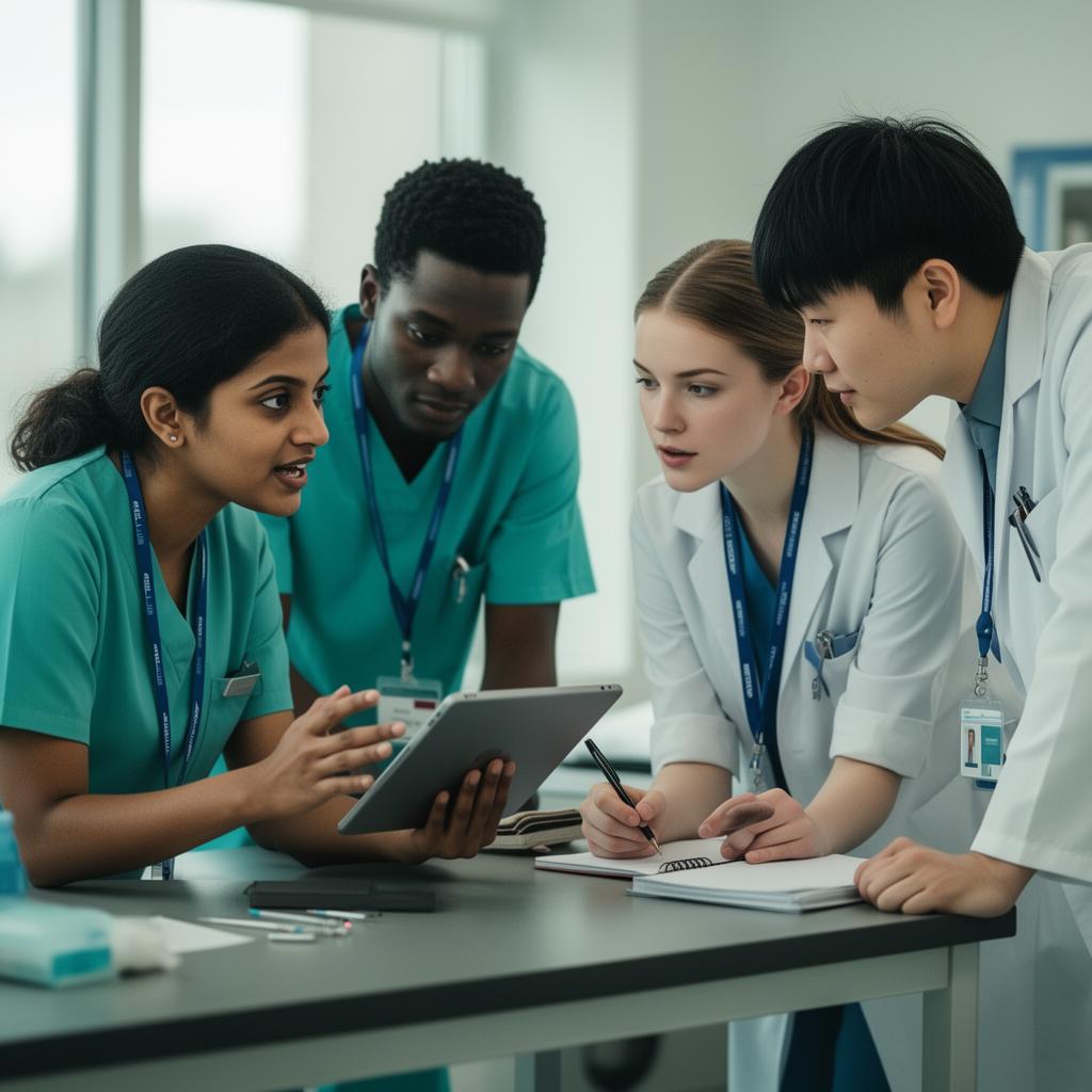 Small group of students learning together around a tablet