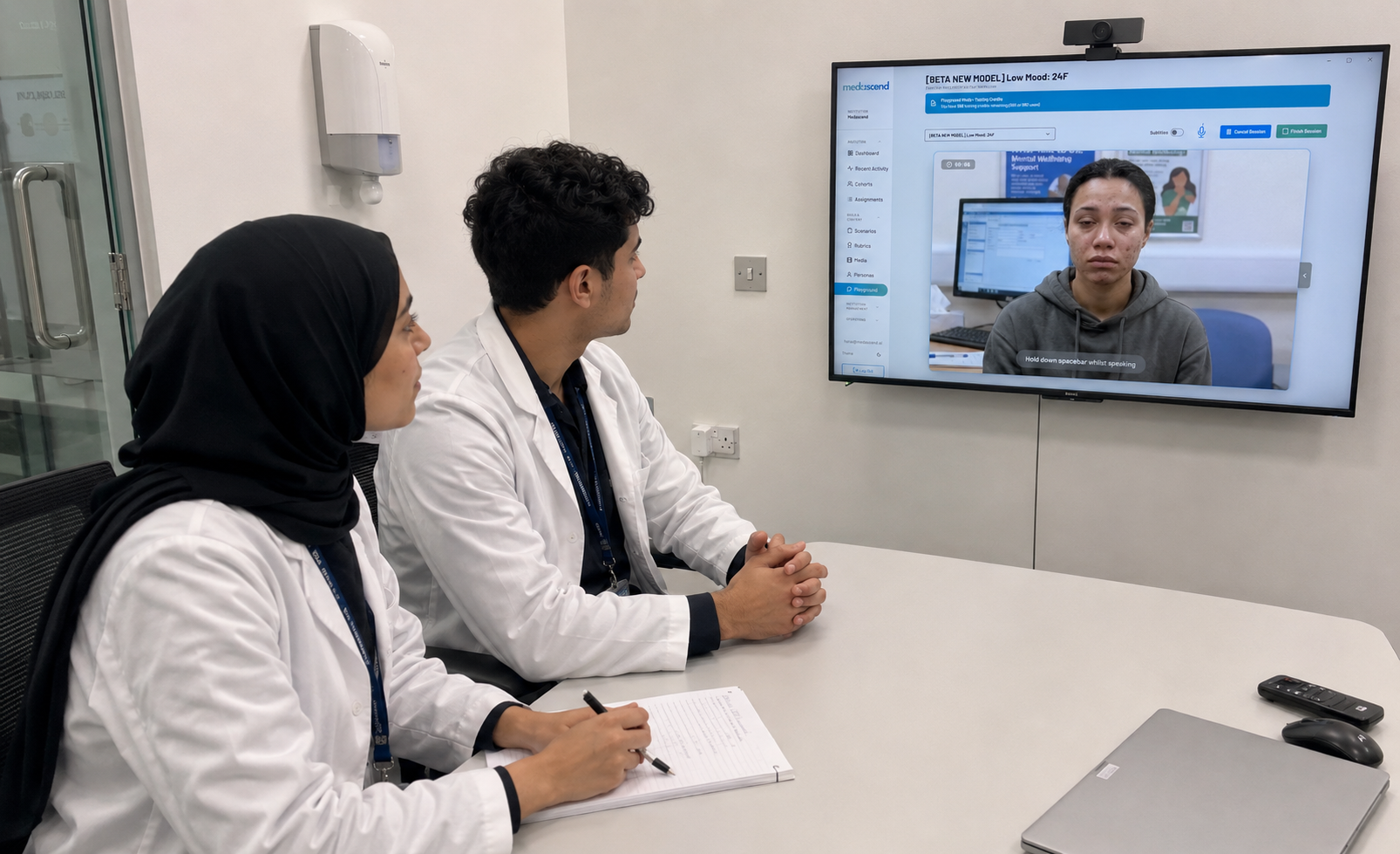 Two medical students in white coats observing a MedAscend AI patient consultation on a wall-mounted screen in a clinical skills room