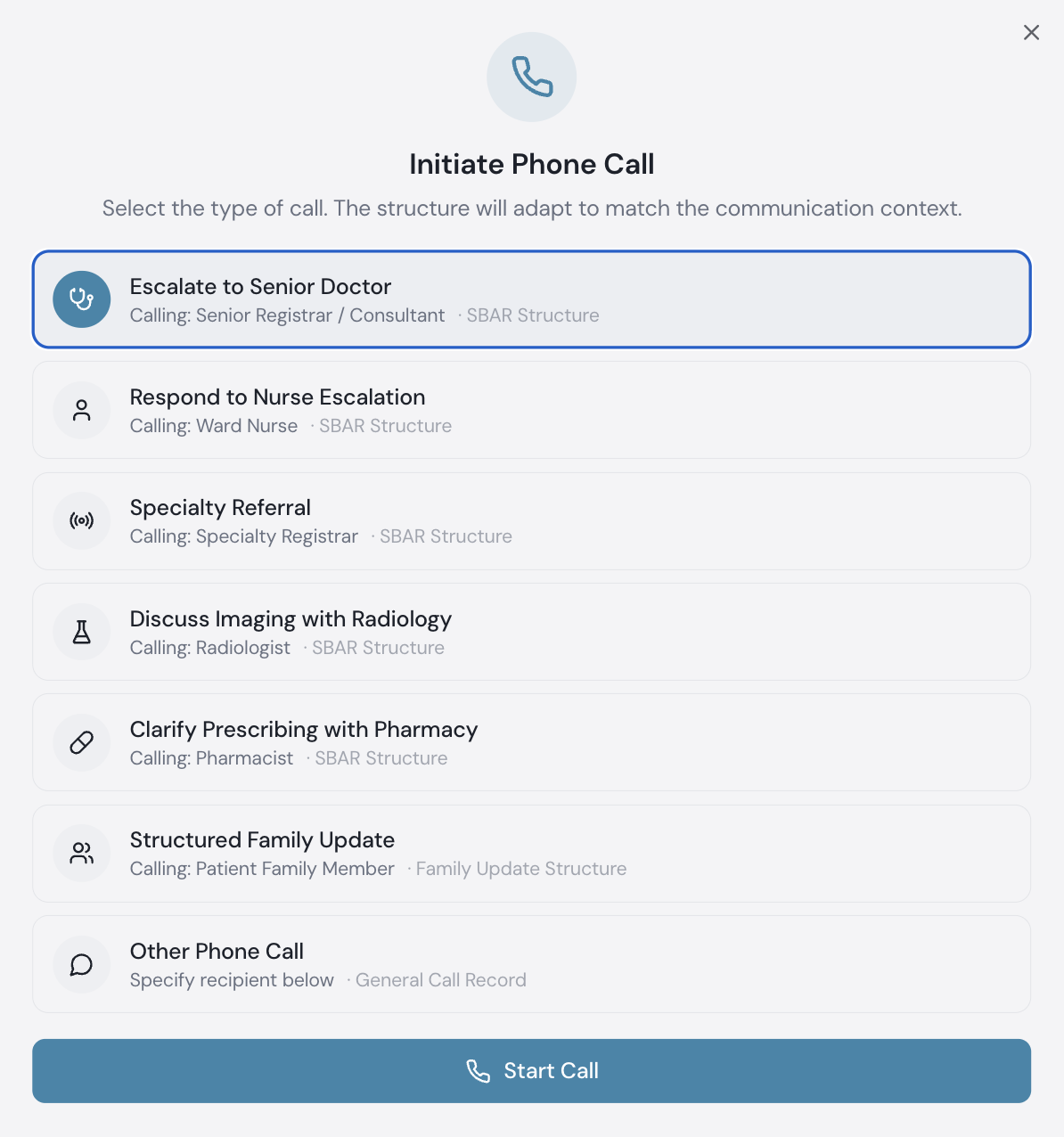 Patient Records initiate phone call dialog with SBAR-structured options for senior escalation, specialty referral and family updates.