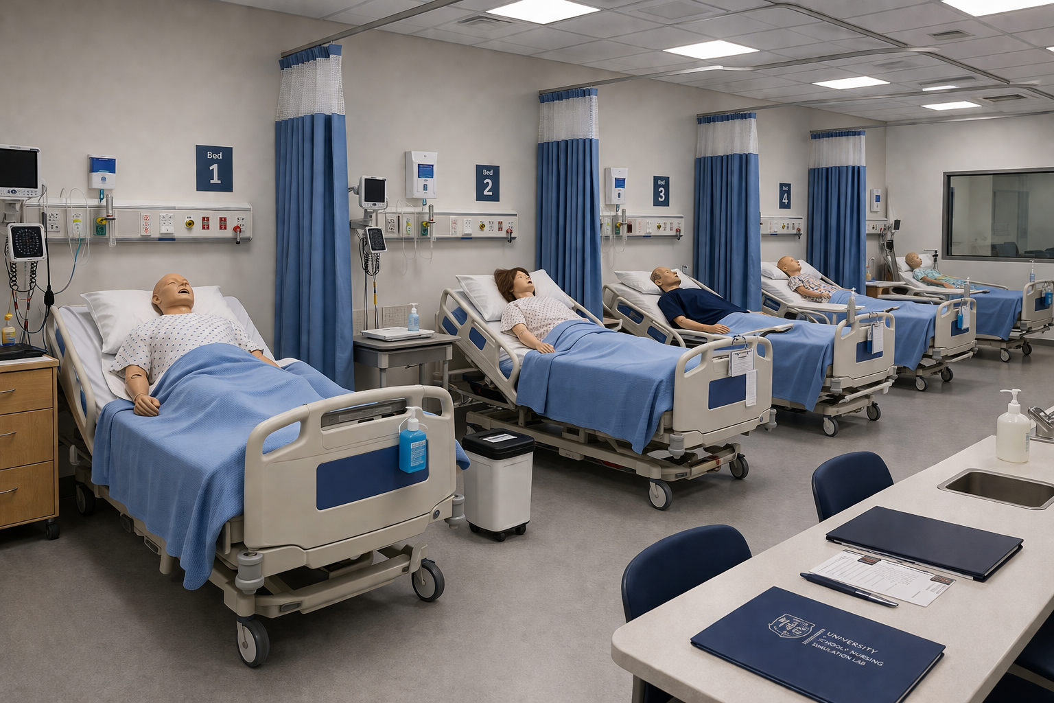 Simulated hospital ward bedside with monitor, patient and clinician.