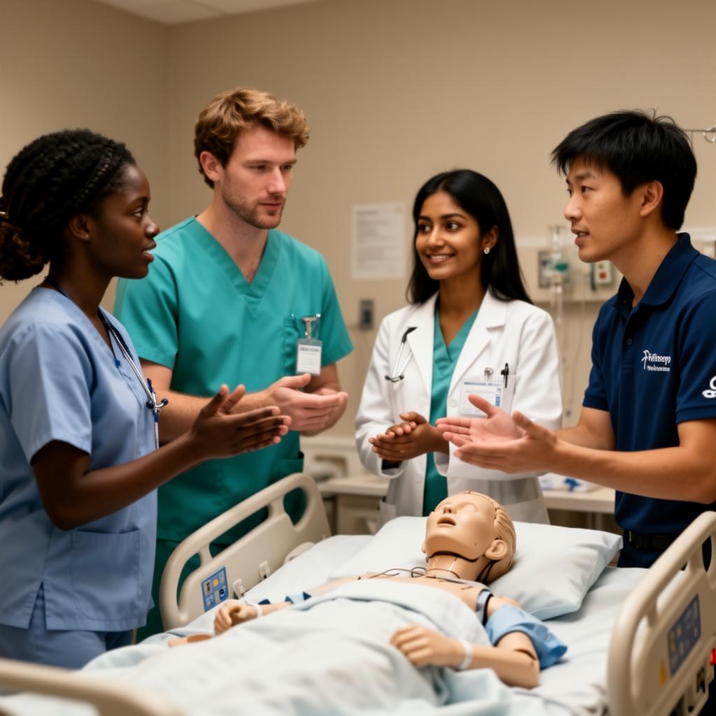 Interprofessional team collaborating around a simulation bed