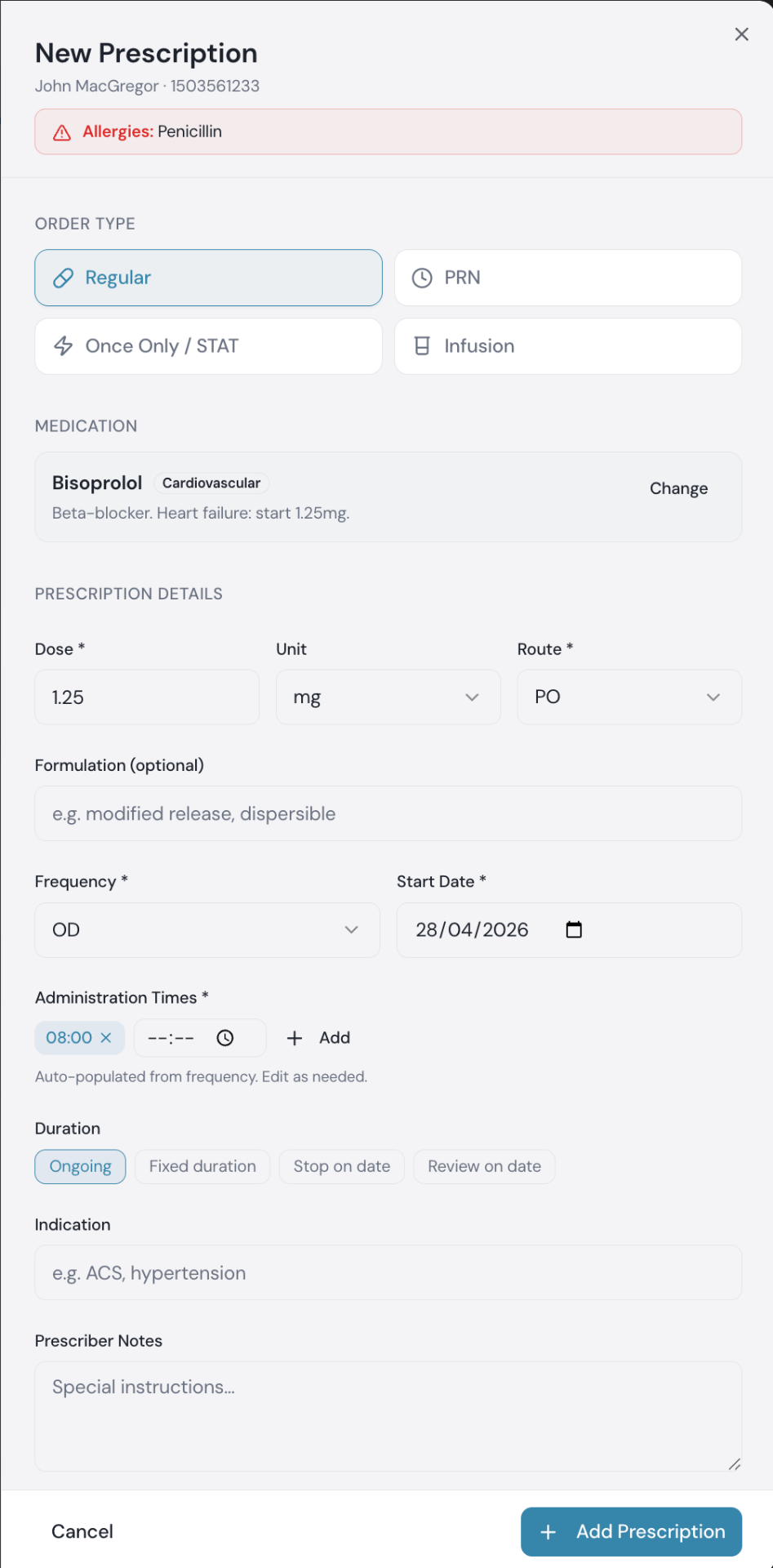Patient Records new prescription form for Bisoprolol with allergy banner and dose, route, frequency fields.