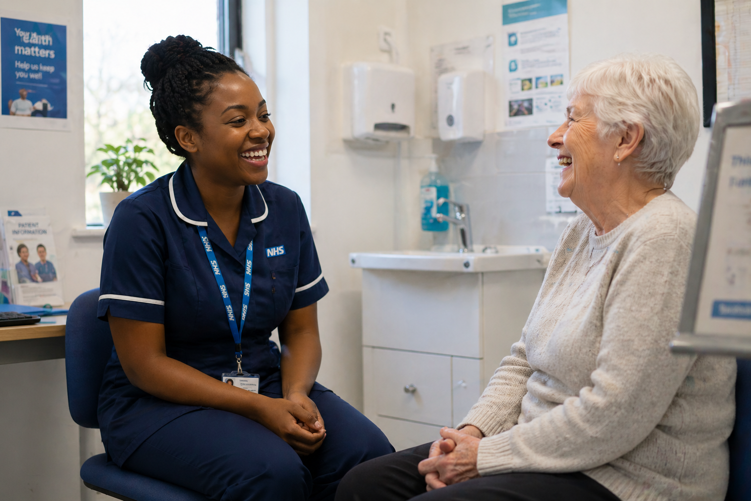 A nurse and an older patient sharing a warm conversation in a clinic room