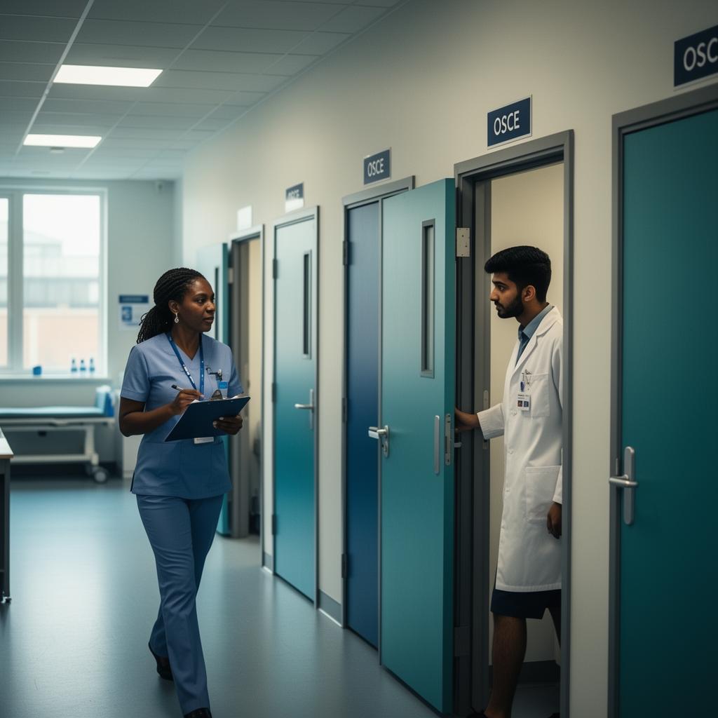 OSCE simulation suite corridor with examiner and student