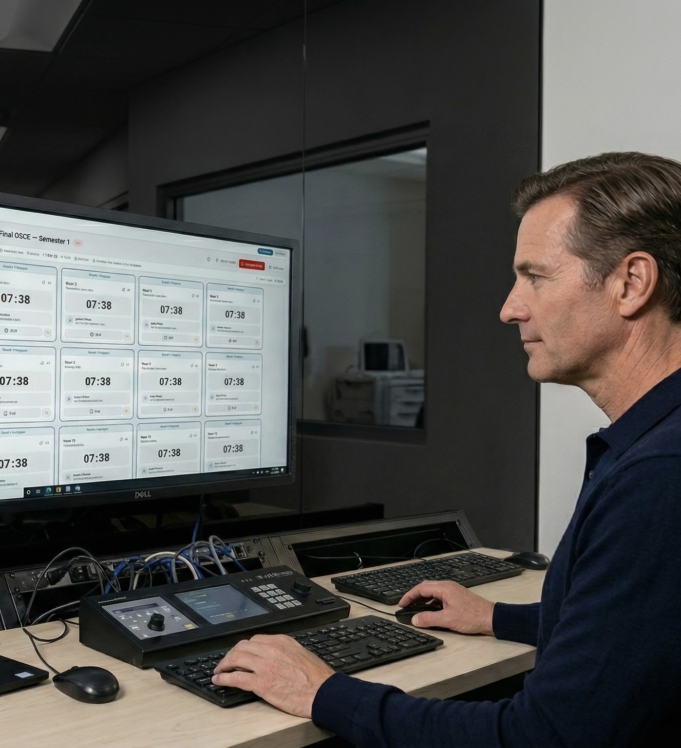 OSCE Circuits control room: examiner monitoring station timers, candidate flow and live encounters.