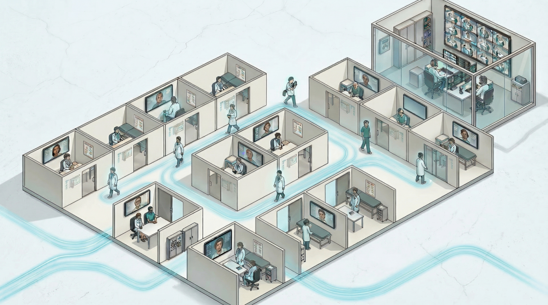 Isometric illustration of an OSCE Circuits station: AI patients on screens, learners moving between rooms, examiners observing from a central control suite.