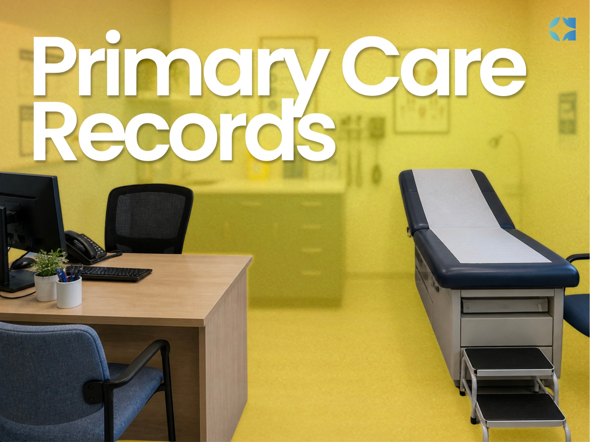 Simulated GP consultation room with desk, computer and examination couch.