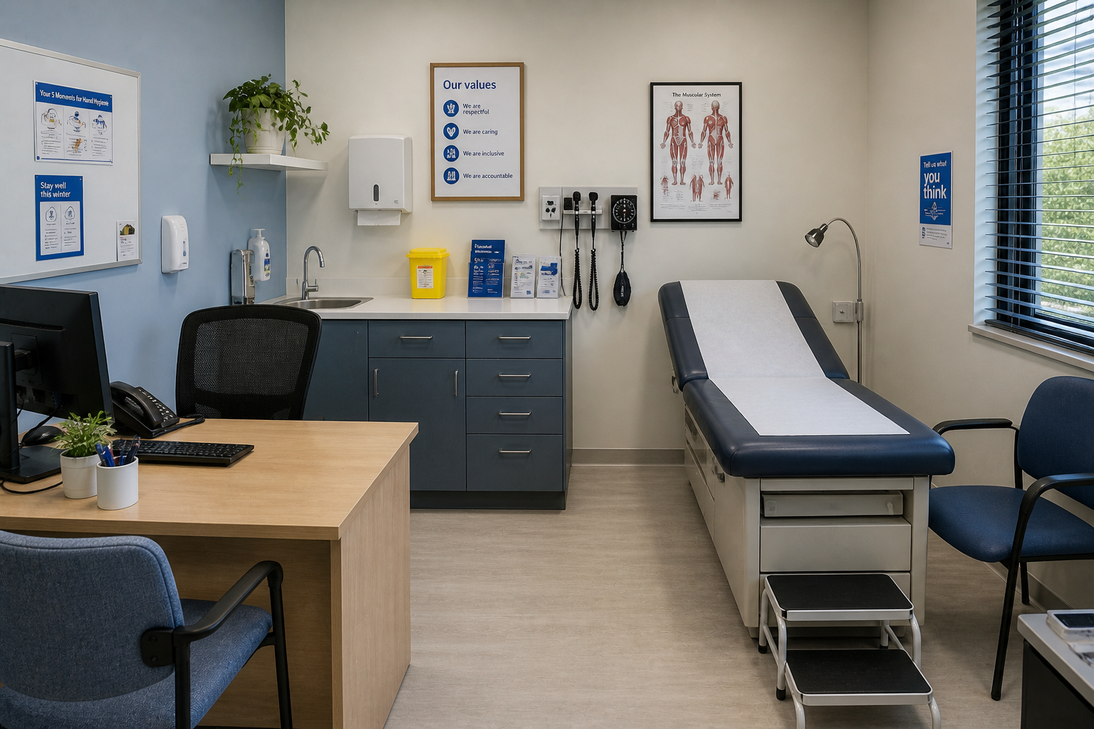 Simulated GP consultation room with desk, computer and examination couch.