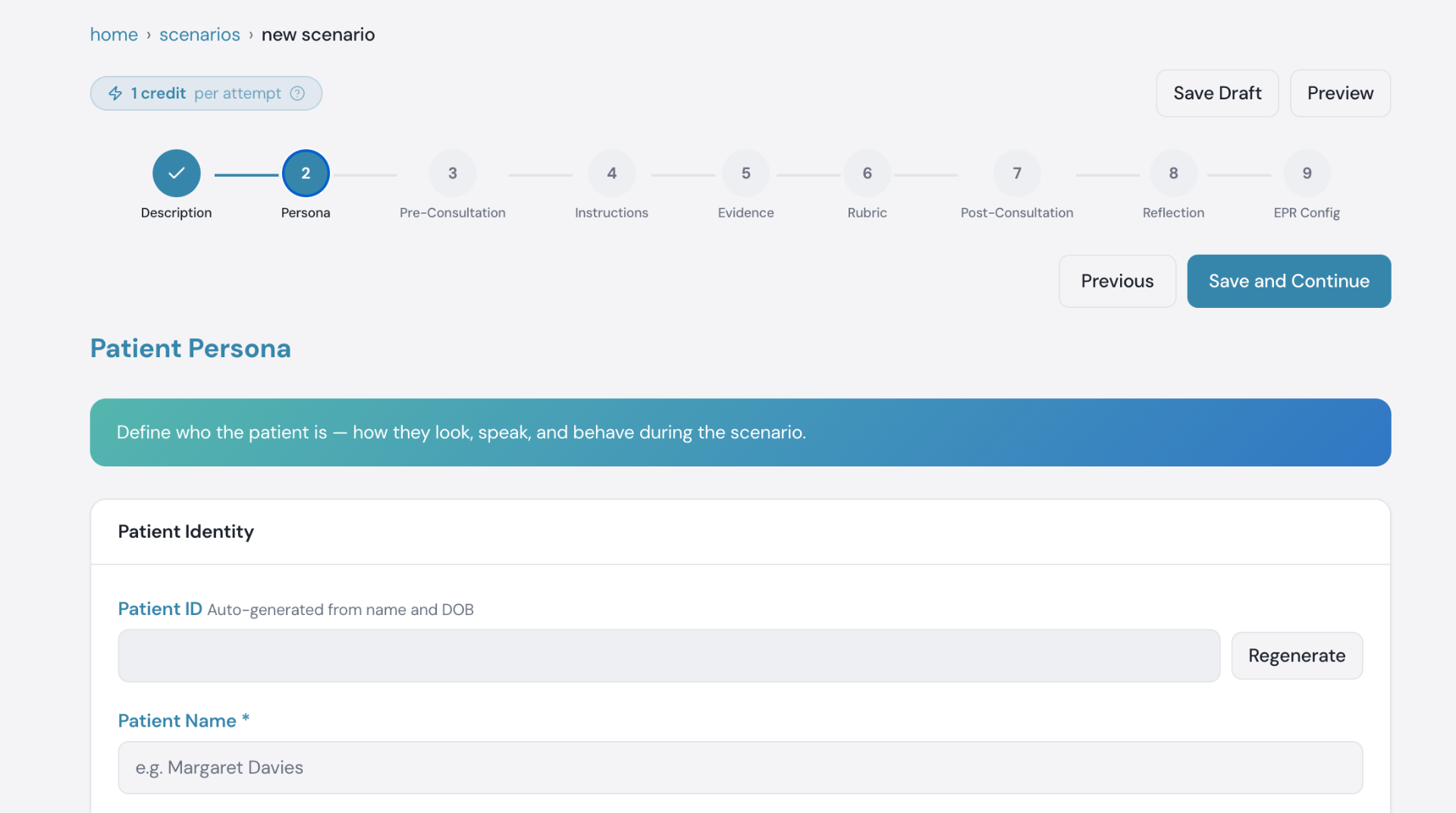 MedAscend scenario builder, Patient Persona step with curriculum-mapped configuration