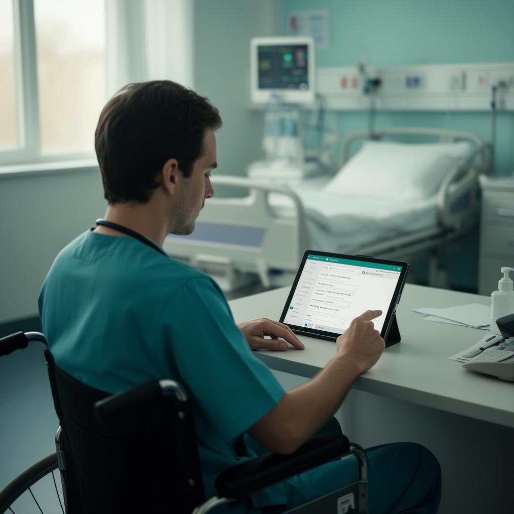 Clinician reviewing an electronic patient record on a ward