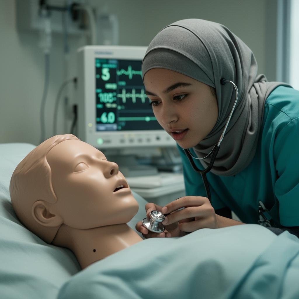 Student listening to a high-fidelity simulation manikin